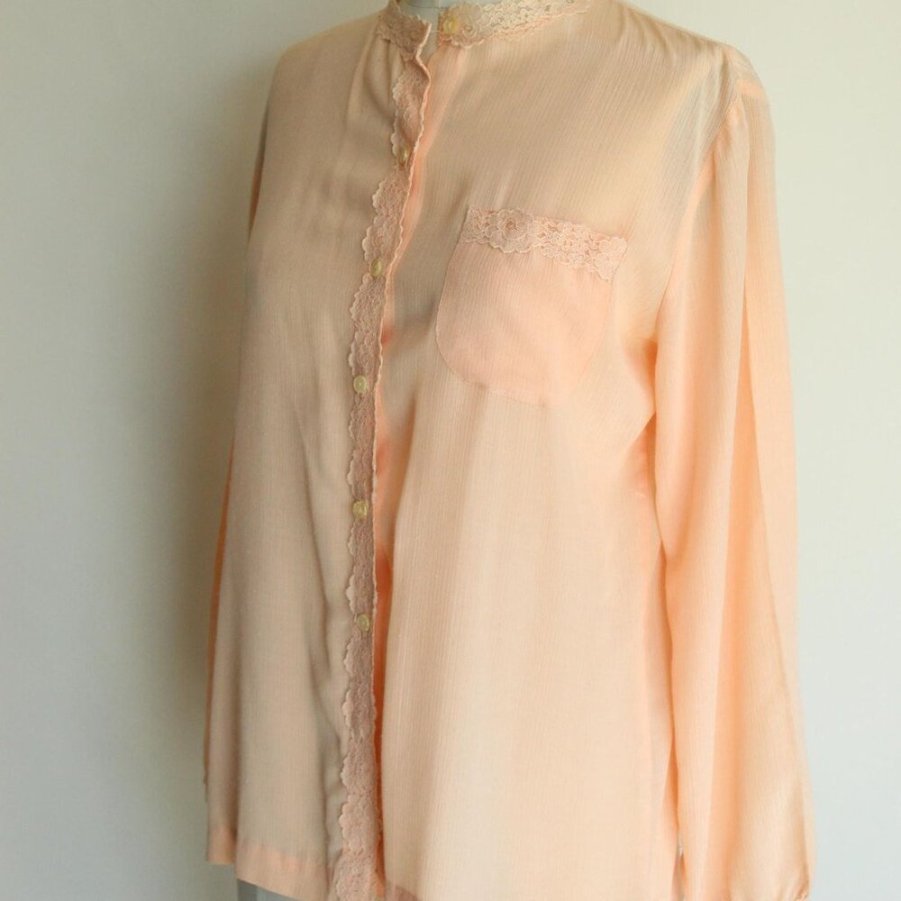 Vintage 1970s 1980s Blouse, Miss Capri Peach Shirt with Lace Trim, Grandma Core - Picture 7 of 10